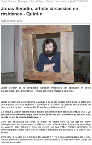 Jonas Seradin, artiste circassien en résidence à Quintin